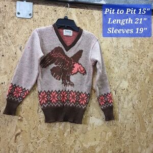 Vintage 50s Campus Youth Kids Size Colorful Eagle Knit V Neck Pullover Sweater